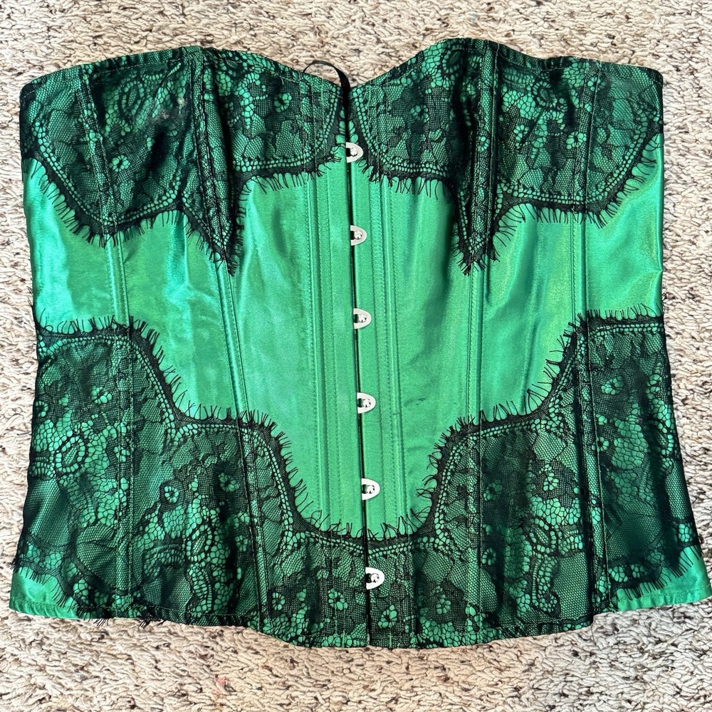 Emerald Green Satin w Black Lace Bustier Corset Top XL Hook Front Lace-Up Back